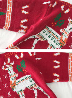 Crew Neck Christmas Deer Print Pullover Sweater