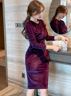 Velvet Long Sleeve Ruched Sheath Dress