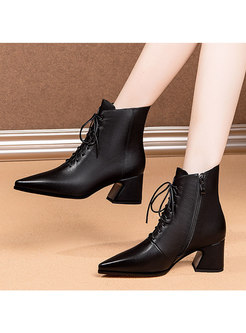 Pointed Toe Lace-up Chunky Heel Ankle Boots