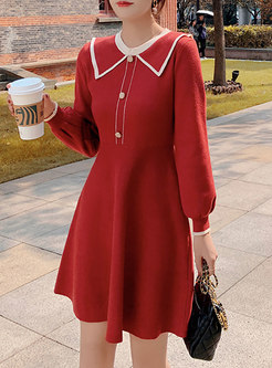 Color-blocked Turn Down Collar Knitted Dress