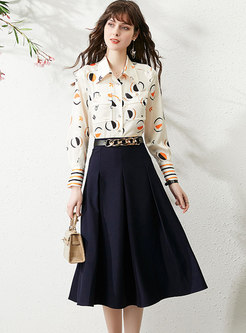 Print Single-breasted Blouse & A Line Midi Skirt