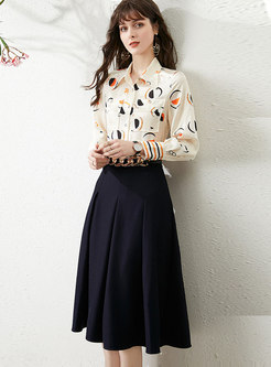 Print Single-breasted Blouse & A Line Midi Skirt