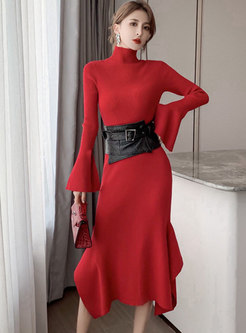 Flare Sleeve Empire Waist Knitted Peplum Dress