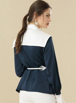 Color-blocked Belted Lapel Loose Blouse