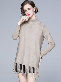 Turtleneck Fringed Pullover Long Sweater