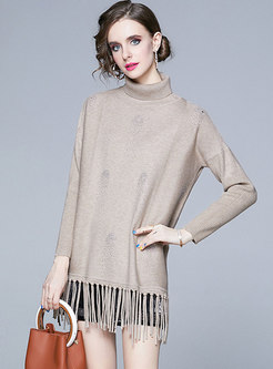 Turtleneck Fringed Pullover Long Sweater