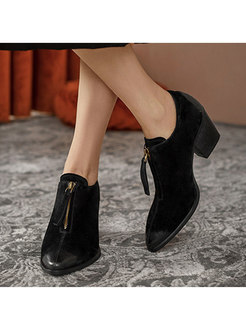 Pointed Toe Chunky Heel Zipper Front Shoes