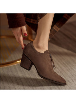Pointed Toe Chunky Heel Zipper Front Shoes
