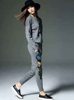 Crew Neck Peacock Pattern Knitted Pant Suits