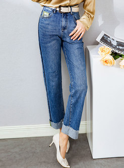Ripped Fringed Straight Denim Pants With Belt