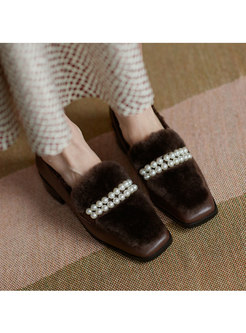 Square Toe Pearl Low Chunky Heel Loafers