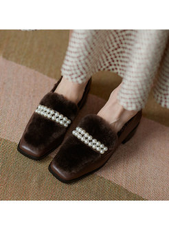Square Toe Pearl Low Chunky Heel Loafers