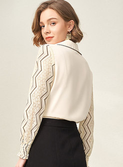 Lace Openwork Long Sleeve Color Block Blouse