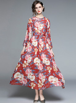 Print Belted Pleated Chiffon Maxi Dress