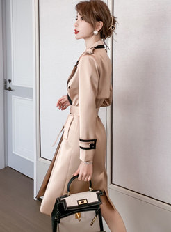 Color Block Notched Knee-length Trench Coat