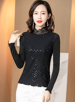 Mock Neck Lace Openwork Slim Pullover Blouse