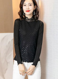 Mock Neck Lace Openwork Slim Pullover Blouse