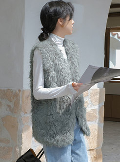 V-neck Solid Straight Faux Fur Vest