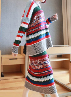 Striped Pullover Loose Knitted Skirt Suits