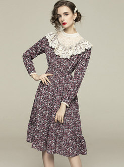 Mock Neck Lace Patchwork Print Midi Dress