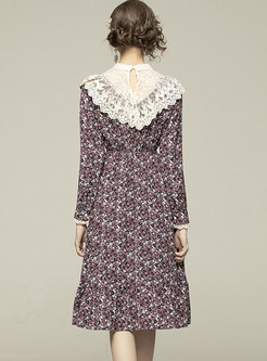 Mock Neck Lace Patchwork Print Midi Dress