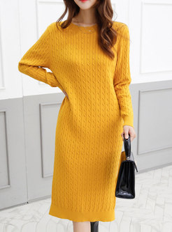 Crew Neck Split Cable-knit Knitted Dress