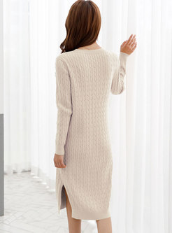 Crew Neck Split Cable-knit Knitted Dress