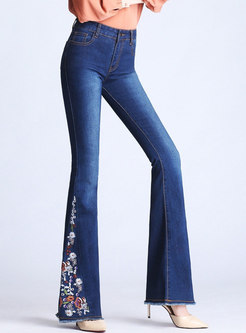 High Waisted Denim Embroidered Flare Pants