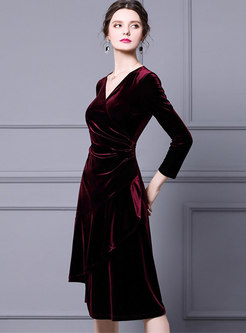 V-neck Ruched Asymmetric Velvet Cocktail Dress