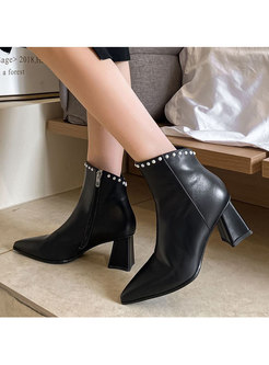 Pointed Toe Chunky Heel Pearl Short Boots
