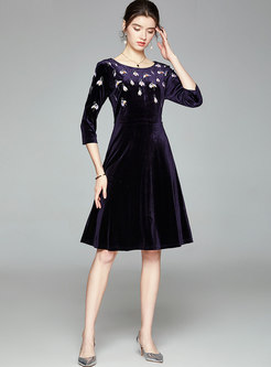 3/4 Sleeve Embroidered Velvet A Line Dress