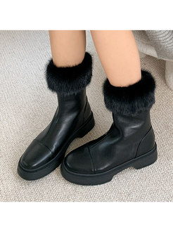 Rounded Toe Plush Patchwork Short Boots