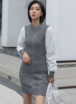 Color Block Sheath Cable-knit Sweater Dress