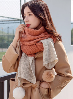 Color Block Winter Scarf With Hairball