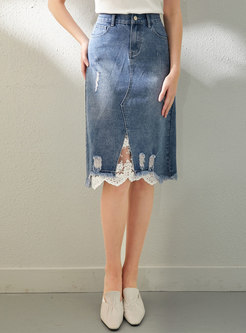 High Waisted Lace Patchwork Denim Skirt