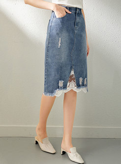 High Waisted Lace Patchwork Denim Skirt