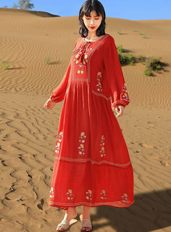 Bohemian Long Sleeve Embroidered Beach Maxi Dress