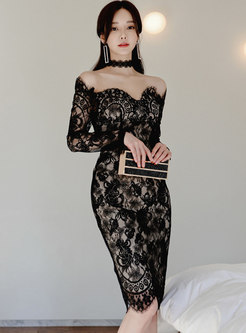 Off-the-shoulder Lace Openwork Bodycon Dress