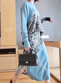 Print Pullover Loose Split Knitted Skirt Suits