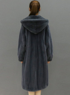 Hooded Solid Straight Long Faux Fur Coat