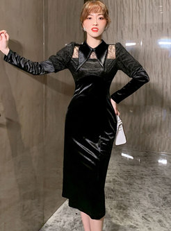Transparent Lace Patchwork Velvet Bodycon Dress