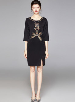 3/4 Sleeve Embroidered Split Bodycon Dress
