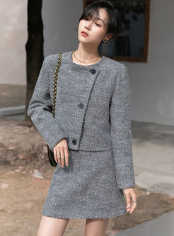 Long Sleeve Short Tweed Coat & A Line Mini Skirt