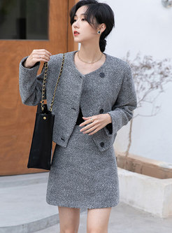 Long Sleeve Short Tweed Coat & A Line Mini Skirt