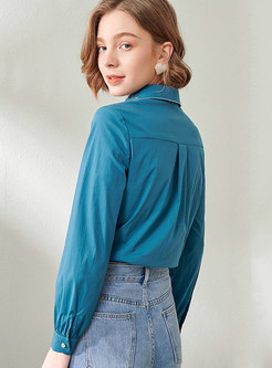 Blue Lapel Long Sleeve Embroidered Blouse