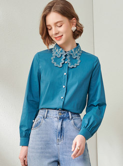 Blue Lapel Long Sleeve Embroidered Blouse