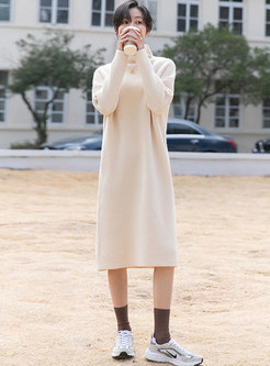 Turtleneck Solid Shift Knitted Midi Dress