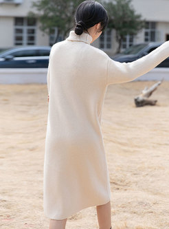 Turtleneck Solid Shift Knitted Midi Dress