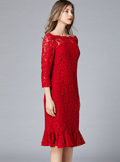 Off-the-shoulder Plus Size Lace Peplum Dress