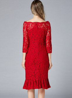 Off-the-shoulder Plus Size Lace Peplum Dress